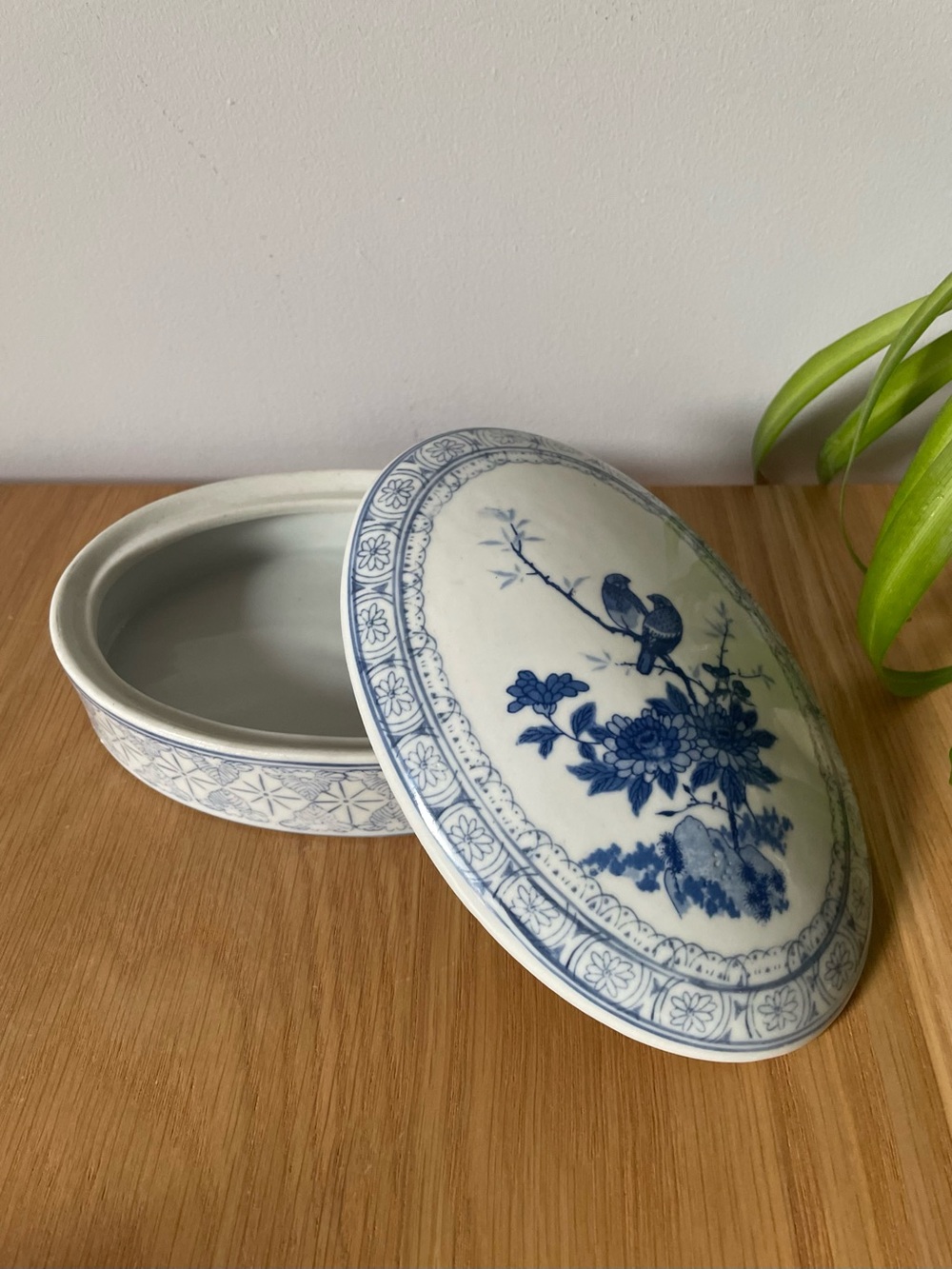 Vintage Blue and White Floral Bird Porcelain Lidded Trinket Box Hong Kong